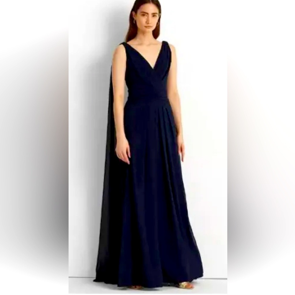 Lauren Ralph Lauren Women's Maxi Georgette Cape A-Line Gown, Navy 12